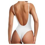 REORIA Womens Summer Sexy Open Back V Neck Spaghetti Strap Cami Double Lined Backless Trendy Thong Bodysuit Top White X-Small
