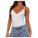 REORIA Womens Summer Sexy Open Back V Neck Spaghetti Strap Cami Double Lined Backless Trendy Thong Bodysuit Top White X-Small