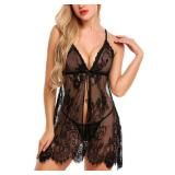 Avidlove Babydoll Lingerie for Women Bridal Lace Chemise Sexy Lingerie Dress Sheer Nightdress Black, M