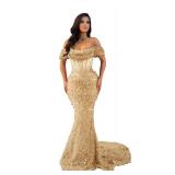 Elegant Prom Dresses for Women Off Shoulder Mermaid Long Sparkly Sequin High Waist Sexy Sheer Beaded Backless Long Formal Evening Party Dresses with Train Champagne 12 MX573