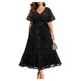 Plus Size Black Dress 2025 Wedding Guest Cocktail Wrap V Neck Summer Maxi Flutter Sleeve Lace Floral Long Dresses, 14W