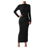 BTFBM Women Bodycon Maxi Dress Long Sleeve Back Slit Ruched Elegant Party Cocktail Formal Fall Wedding Guest Dresses(Black, X-Large)