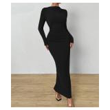 BTFBM Women Bodycon Maxi Dress Long Sleeve Back Slit Ruched Elegant Party Cocktail Formal Fall Wedding Guest Dresses(Black, X-Large)