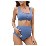 Zando Ribbed High Waist Maternity Swimsuit Two Piece Maternity Swimwear Bikini Bathing Suits for Women Two Piece Pregnancy Swimsuits for Women with Tank Top & High Waist Bottom Light Blue Medium