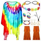 Hicarer 7 Pcs 60s 70s Hippie Costume Accessories Set Women Tie Dye Poncho Tassel Fringe Boot Covers Headband Bracelet Sunglasses Peace Sign Earring Necklace Outfits for Halloween (Hicarer-CKJO013)