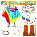 Hicarer 7 Pcs 60s 70s Hippie Costume Accessories Set Women Tie Dye Poncho Tassel Fringe Boot Covers Headband Bracelet Sunglasses Peace Sign Earring Necklace Outfits for Halloween (Hicarer-CKJO013)