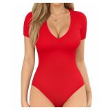 MANGOPOP V Neck Bodysuits for Women Short Sleeve Body Suits Basic Top Casual Shirt, Red, Small