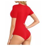 MANGOPOP V Neck Bodysuits for Women Short Sleeve Body Suits Basic Top Casual Shirt, Red, Small