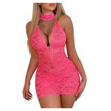 Avidlove Ctue Lingerie Dress for Women Halter V Neck Nighties Sexy Lace Teddy Bodysuit Hot Pink, L