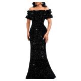 dasmzper Women Sexy Sequin Off Shoulder Ruffle Short Sleeve Bodycon Mermaid Party Formal Evening Maxi Dress Black