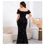 dasmzper Women Sexy Sequin Off Shoulder Ruffle Short Sleeve Bodycon Mermaid Party Formal Evening Maxi Dress Black