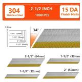 SITLDY 15 Gauge 304 Stainless Steel DA Angled Finish Nails, 34-Degree 2-1/2 Inch 1000-Pack for Pneumatic, Electric Angled Finish Nailer, Sizes in Stock Photo
