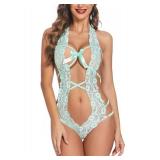 Avidlove One Piece Lingerie for Women Lace Bodysuit Deep V Teddy Mini Babydoll Light Green Small