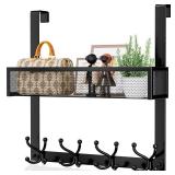 Consumest Over The Door Hooks Organizer - Over Door Hanger with 16 Hooks & 2 Baskets for Hanging Coat, Clothing, Towel, Back Storage for Bathroom, Closet, College Dorm, Black