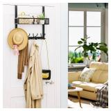 Consumest Over The Door Hooks Organizer - Over Door Hanger with 16 Hooks & 2 Baskets for Hanging Coat, Clothing, Towel, Back Storage for Bathroom, Closet, College Dorm, Black