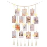 Poefditev Macrame Hanging Photo Display Boho Wall Decor with String Lights Wooden Beads Garland Picture Frame Collage Holder with 30 Clips for Room, Bedroom, Dorm, Christmas Teenage Teen Girl Gifts (B