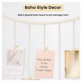 Poefditev Macrame Hanging Photo Display Boho Wall Decor with String Lights Wooden Beads Garland Picture Frame Collage Holder with 30 Clips for Room, Bedroom, Dorm, Christmas Teenage Teen Girl Gifts (B
