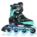 2PM SPORTS Vinal Girls Adjustable Flashing Inline Skates, All Wheels Light Up, Fun Illuminating Skates for Kids Women and Men - Mint Medium