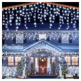 Icicle lights Outdoor - 33ft Christmas Lights with 400LED 75 Drops 8 Modes, Plug in Curtain String Lights Waterproof for Holiday Wedding Party Home Garden Bedroom Indoor Outdoor Decoration, Cool White