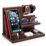 TESLYAR Wood Phone Docking Station for Men - Desktop or Nightstand Organizer - Birthday Gifts for Men, Dad - Anniversary Idea from Wife - Key Holder, Stand Wallet, Watch & Essentials (Bourbon Brown)