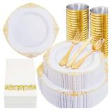 Nervure 350PCS Gold Plastic Dinnerware - White and Gold Disposable Plates for 50 Guests - 100 White Disposable Plates, 150 Plastic Silverware, 50 Cups, 50 Napkins for Wedding & Party