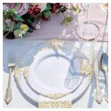 Nervure 350PCS Gold Plastic Dinnerware - White and Gold Disposable Plates for 50 Guests - 100 White Disposable Plates, 150 Plastic Silverware, 50 Cups, 50 Napkins for Wedding & Party