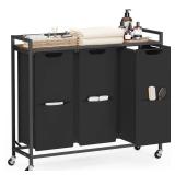 VASAGLE Laundry Sorter, 43.5 Gal. (165 L) Laundry Hamper Basket with 3 Compartments, Rolling Cart with Wheels, Shelf, Removable Bags, Pockets, Ink Black and Rustic Brown UBLH031B01