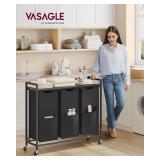 VASAGLE Laundry Sorter, 43.5 Gal. (165 L) Laundry Hamper Basket with 3 Compartments, Rolling Cart with Wheels, Shelf, Removable Bags, Pockets, Ink Black and Rustic Brown UBLH031B01