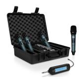 Pyle Portable UHF Band Receiver System, 4 Channel Wireless Microphone System Independent Channel Controls, RF Signal LCD Indicator, Digital Audio Microphone Set with 4 Handheld Microphones