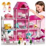 JUKUDAHU Villa Playset for Girls Ages 3-7, Indoor Playset Girls Toys with 3 Storeys 7 Rooms 2 Dolls for Ages 6-8, Furniture and Accessories, Pretend Toddler Toy, Birthday Gifts for Kids 3 4 5 6 7 8