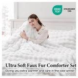 UNIKOME Faux Rabbit Fur Comforter Set King Size,3 Pieces Warm Fluffy Plush Sherpa Bedding Comforter,Soft Bubble Comforters,Luxury Fuzzy Winter Comforter with 2 Pillow Shams