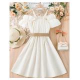 Floerns Girls Cold Shoulder Ruffle Trim Short Sleeve Belted A Line Midi Dress Apricot 10Y