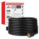 YAMATIC Pressure Washer Hose 25 FT 1/4 ID, USA Standard M22 Brass Fittings, 3200 PSI Kink-Resistant Replacement for High Power Washers