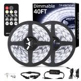 JNGMAIR 40ft LED Strip Lights with Remote, 6500K Daylight White Dimmable Tape Lights, 12V 720 LEDs 2835 Strong Adhesive Rope Lights for Cabinet Kitchen Ceiling Closet Vanity Mirror Stairway Basement