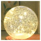 Crackle Globe LED Lamp Battery Operated with Timer, Lighted Glass Orb for Living Room & Festival Christmas Decoration, Indoor Glowing Night Light Sphere Table Lamp for Mother