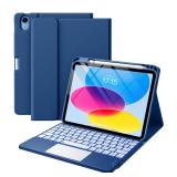 Harvopu Compatible for iPad 11th 10th Generation Case with Keyboard, Folio Cover with Pencil Holder, Multi-Touch Trackpad, 7 Color Backlit, Detachable Keyboard for iPad (A16) 11th/10th Gen (Navy Blue)