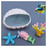 Ocean Theme Aquarium Decor 4-Piece Set: Ceramic Shell Cave, Resin Coral & Starfish, Cute Mermaid Figurine - Hideout & Ornament for Betta Fish, Shrimp, Small Fish Tank