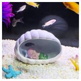 Ocean Theme Aquarium Decor 4-Piece Set: Ceramic Shell Cave, Resin Coral & Starfish, Cute Mermaid Figurine - Hideout & Ornament for Betta Fish, Shrimp, Small Fish Tank