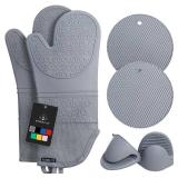 Rorecay 6pcs Oven Mitts and Pot Holders Sets for Kitchen, Extra Long Silicone Oven Gloves High Heat Resistant 500 Degrees Non-Slip Potholders Hot Pads for Baking Cooking, Grey