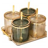 Acrylic Condiment Spice Jars,Condiment Spice Box With Lids and Spoons and Tray,Clear Plastic Condiment Canisters,Seasoning Box 4 Pack,Seasoning Box Set for Kitchen to Storage Salt,Paprika,Sugar