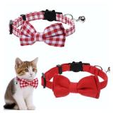 2 Pcs Cat Collar Breakaway Bowtie Safety with Bell Red Solid Plaid Adjustable Cute Kitten Collar Small Puppy Collars
