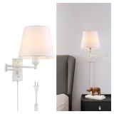 SUNLLOK Modern Swing Arm Plug in Wall Sconces, Silver Wall Lamp with Plug in Cord and Switch, White Fabric Shade Wall Light Fixtures for Bedside, Living Room, Reading Room, Hallway
