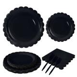 MUNILAIL 96 Pcs Black Plates and Napkins Party Supplies Serve 24 Guests Including Black Scalloped Paper Plates and Napkins Plastic Forks for Baby Shower Birthday Party Disposable Dinnerware Set