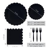 MUNILAIL 96 Pcs Black Plates and Napkins Party Supplies Serve 24 Guests Including Black Scalloped Paper Plates and Napkins Plastic Forks for Baby Shower Birthday Party Disposable Dinnerware Set