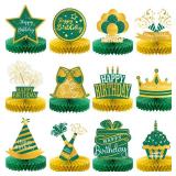 Sabary 12 Pcs Green and Gold Birthday Decorations Table Decoration Happy Birthday Desktop Decoration Honeycomb Centerpieces Party Balloon Crown Paper Table Decor Royal Centerpieces for Men Women Party