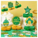 Sabary 12 Pcs Green and Gold Birthday Decorations Table Decoration Happy Birthday Desktop Decoration Honeycomb Centerpieces Party Balloon Crown Paper Table Decor Royal Centerpieces for Men Women Party