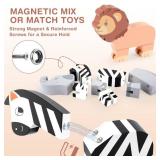 Joyreal Magnetic Mix or Match Jungle Animals Toy Play Set, 16 Pcs Wooden Building Blocks Play Set Toy for 1 Year Old, Fine Motor Montessori Game Preschool Educational Gift for Ages 1-5