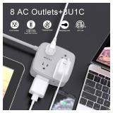 6 Ft Surge Protector Power Strip - 8 Widely Outlets with 4 USB Ports, 3 Side Outlet Extender with 6 Feet Extension Cord, Flat Plug, Wall Mount, Desk USB Charging Station, ETL, Grey