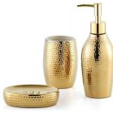 Gold Bathroom Accessory Set - 3 Piece Decorative Ceramic Bathroom Accessories Sets with Lotion Soap Dispenser, Toothbrush Holder/Tumbler and Soap Dish, Golden Gift Set for New Home Decor