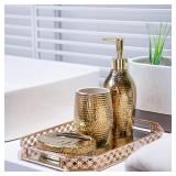 Gold Bathroom Accessory Set - 3 Piece Decorative Ceramic Bathroom Accessories Sets with Lotion Soap Dispenser, Toothbrush Holder/Tumbler and Soap Dish, Golden Gift Set for New Home Decor
